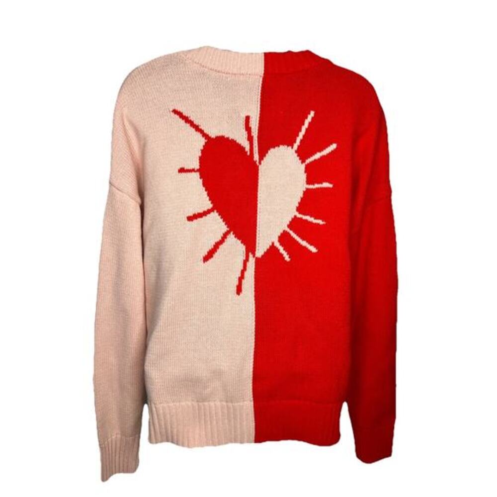Kerri Rosenthal Red Pink Sweater Heart Colorblock V-Neck Knit Women’s Size Small